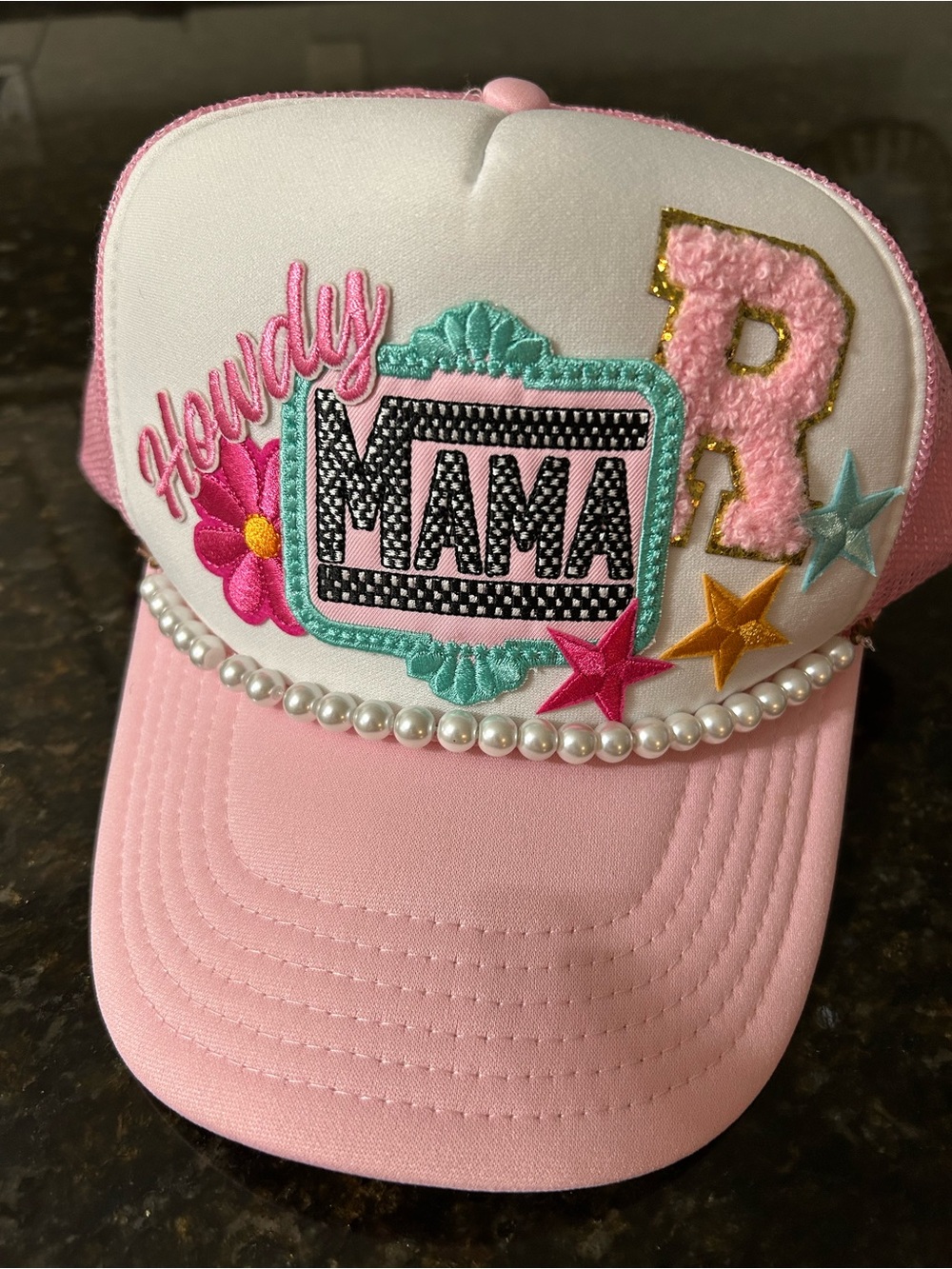 Howdy Mama Pink Embroidered women's Trucker Hat with initial R